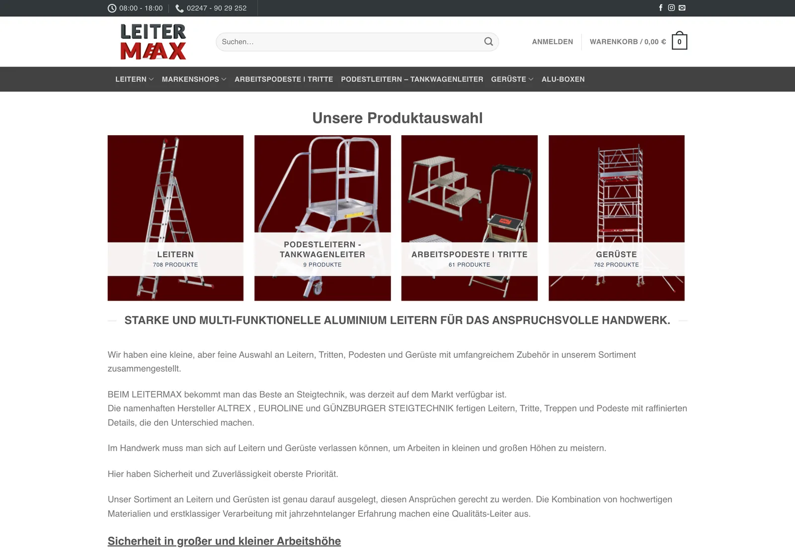Startseite von leitermax.de im November 2025: vier dunkelrote Kacheln nebeneinander, darunter eine lange Textstrecke.