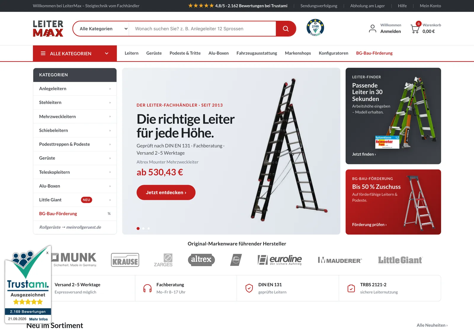 Startseite von leitermax.de im September 2026: Kategorien in einer Spalte links, grosses Aufmacherbild, Leiter-Finder und Foerderhinweis rechts, darunter eine Herstellerreihe.